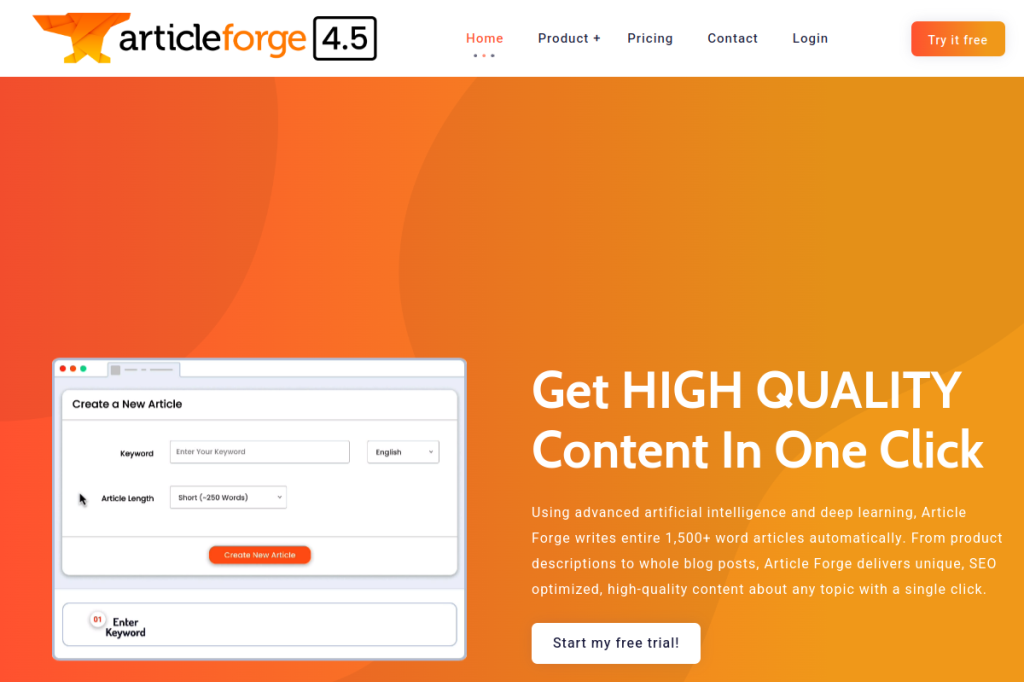 Screenshot of Article Forge – AI Tool
