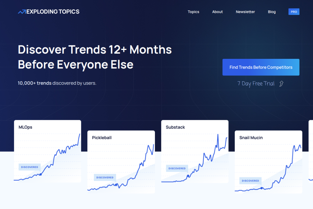 Screenshot of Exploding Topics – AI Tool