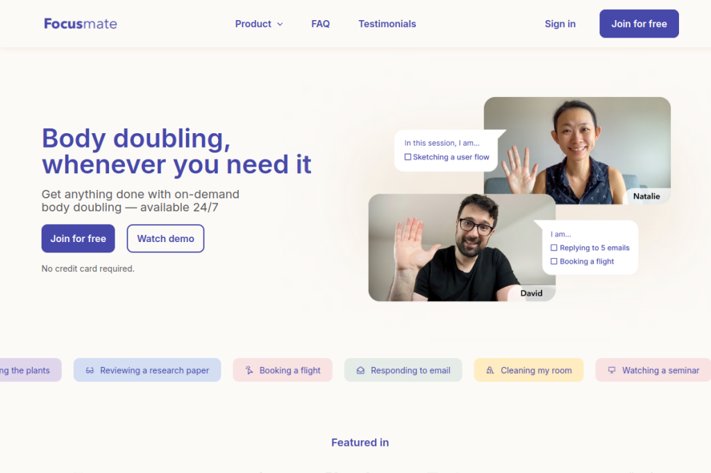 Screenshot of Focusmate – AI Tool