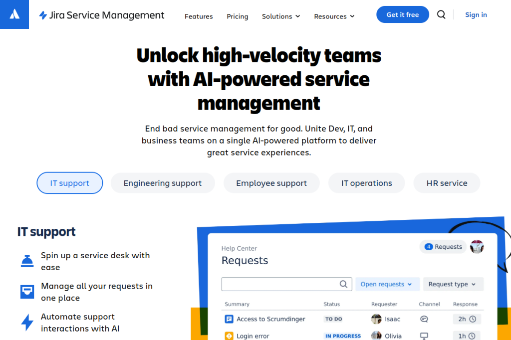 Screenshot of Jira Service Management – AI Tool