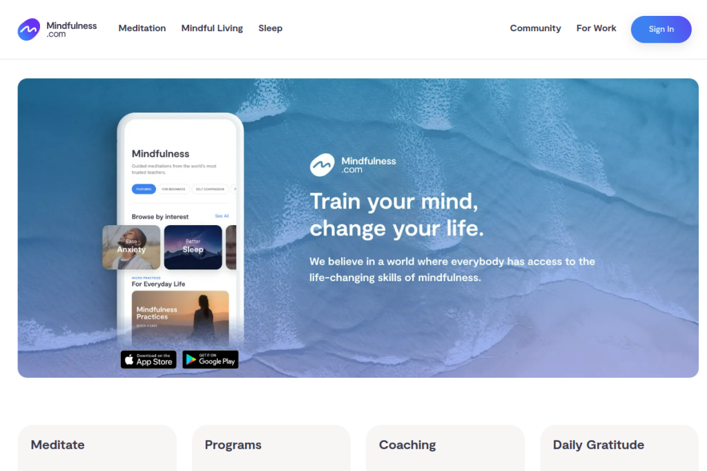 Screenshot of Mindfulness.com – AI Tool