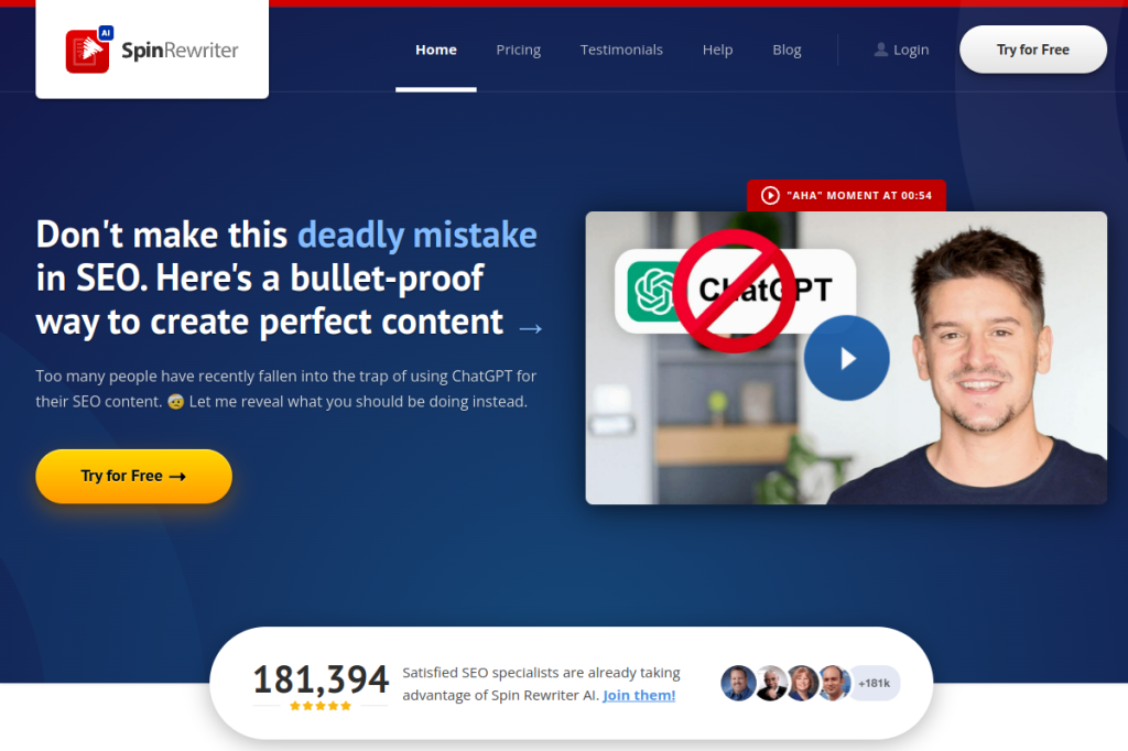 Screenshot of Spin Rewriter – AI Tool