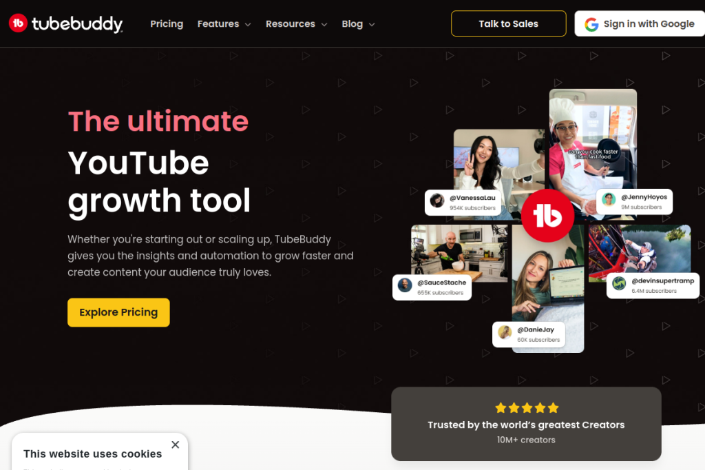 Screenshot of the TubeBuddy interface. This tool is designed for SEO. Best for YouTubers focused on growing views and subscribers. Key features inc...