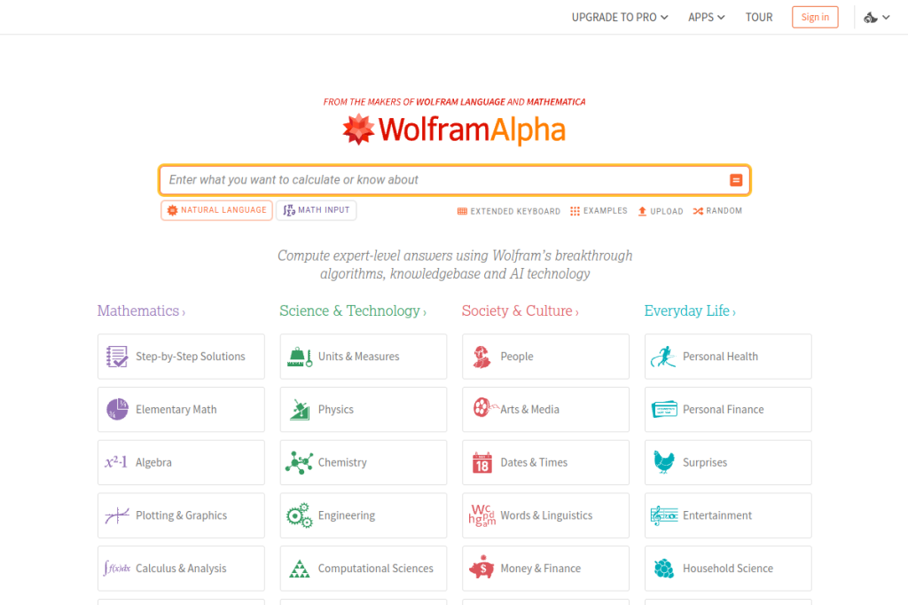 Screenshot of Wolfram Alpha – AI Tool